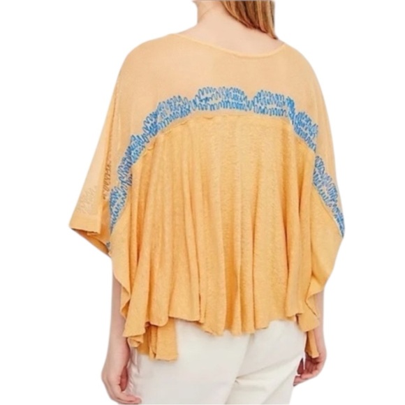 FREE PEOPLE Love Letter Embroidered Poncho Tee in Tangerine Yellow Size S — FUN! - Picture 5 of 11